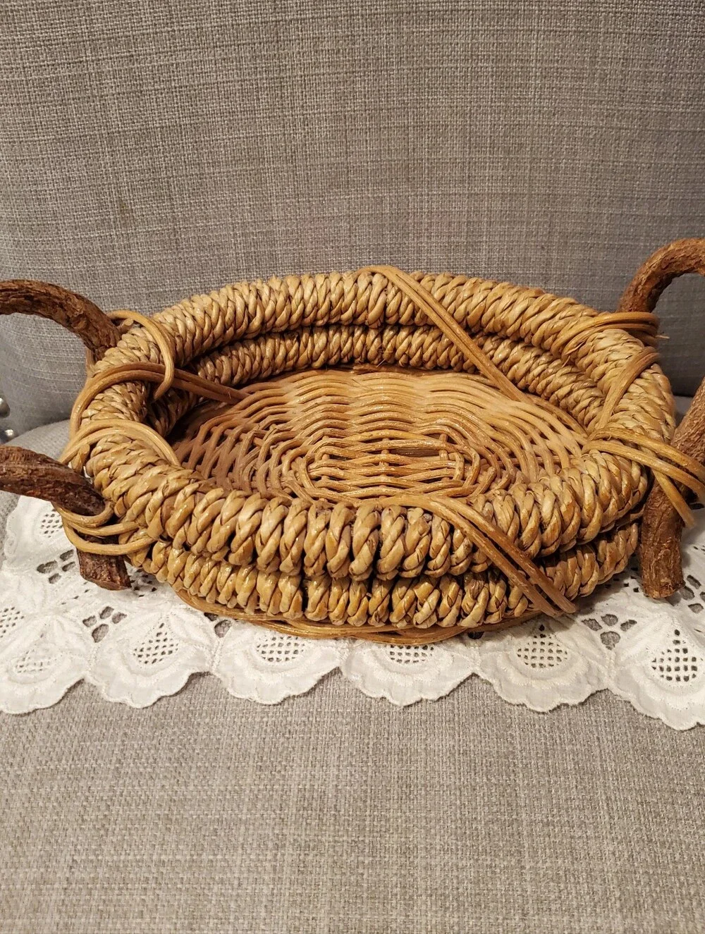 Handwoven Natural Rattan Tray, w branch handles. Boho, Farmhouse, 8x6.5
